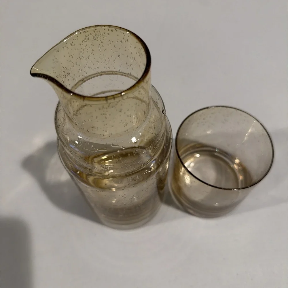 VTG MCM Amber Mouth‎ Blown Bubble Glass Decanter Tumbler Bedside Carafe 8.5